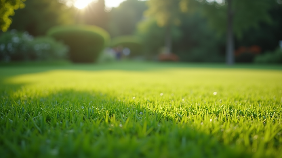 Wide angle view of a well-maintained lawn with vibrant green grass