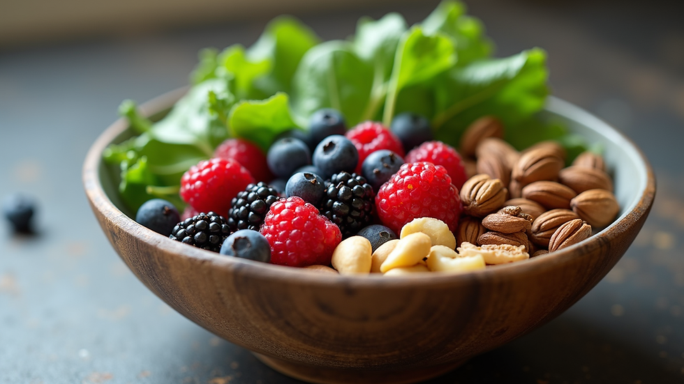Close-up view of a bowl of fresh anti-inflammatory foods including berries, nuts, and leafy greens