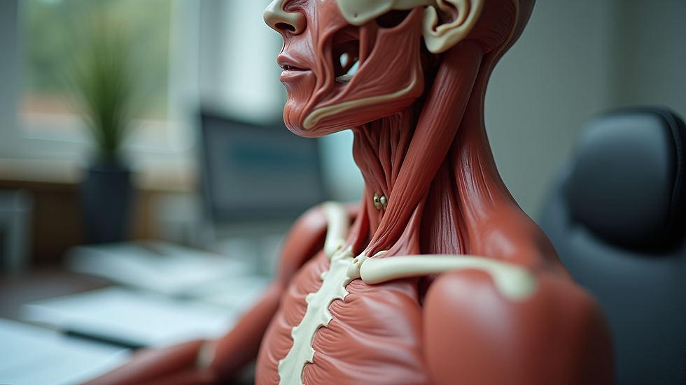 Close-up view of a neck muscle anatomy model on a desk