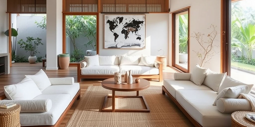 Eco-Luxe Villa Interior. A beautifully styled eco-luxury villa in Bali. Natural materials—reclaimed wood, bamboo, rattan, linen. Large open windows, greenery visible outside, soft neutral tones. Minimal yet soulful design that highlights sustainability and craftsmanship by Sacred Spaces Bali
