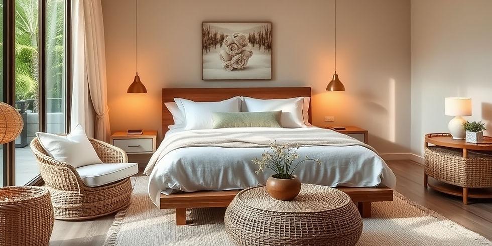 A calming Bali bedroom in soft neutrals. Oatmeal textiles, layered linen bedding, sand-colored walls, teak bedside tables, warm ambient lighting, pampas grass or dried palm arrangement, handwoven throw blanket, soft morning light entering through sheer curtains, minimal but deeply cozy interior by Sacred Spaces Bali.