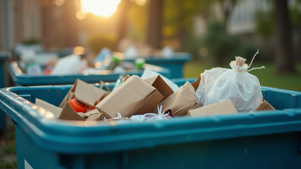 Eye-level view of a recycling bin filled with various recyclable materials