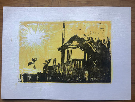 A reduction lino print of a sunset scene, using 3 colours