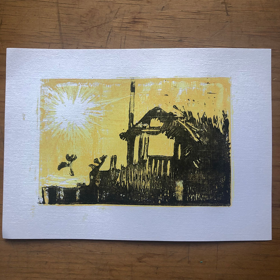 A beach hut scene set against a sunset scene.