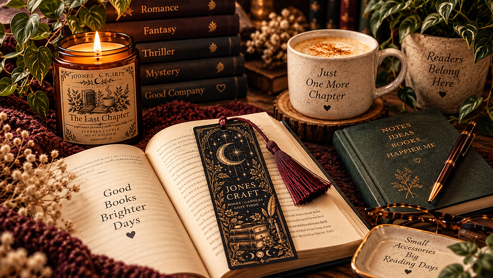 Cozy blind date with a book scene with candle and coffee.