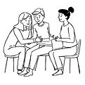 a small, simple, thumbnail-sized, black and white line drawing of people collaborating .jp