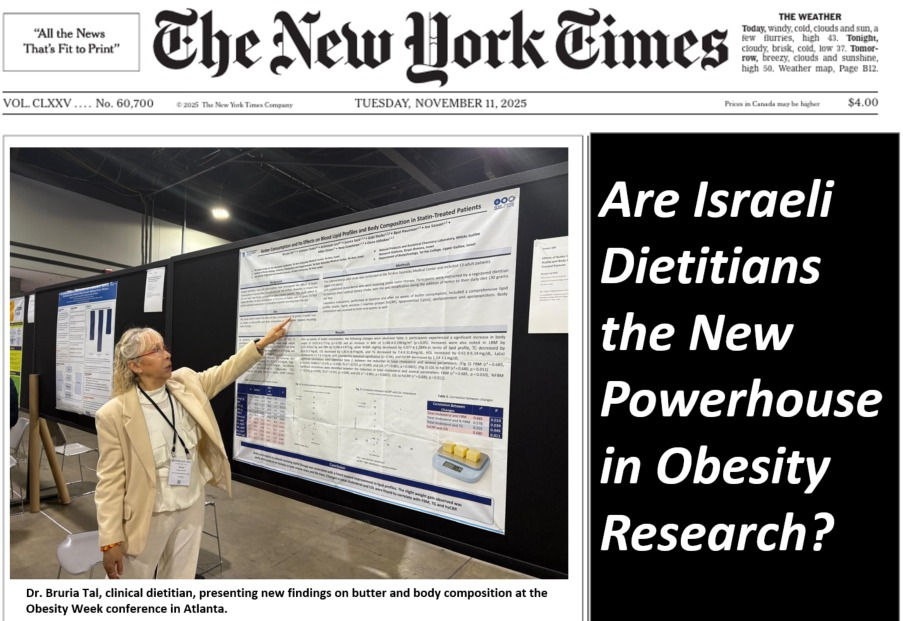 Dietitian presents research at Obesity Week, Atlanta. Large poster displayed. Headline asks if Israeli dietitians are new leaders in obesity research.