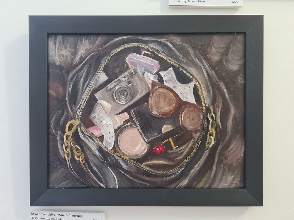 Thumbnail: Rowen Tompkins – What’s in my bag,  Oil Painting 19cm x 24cm   