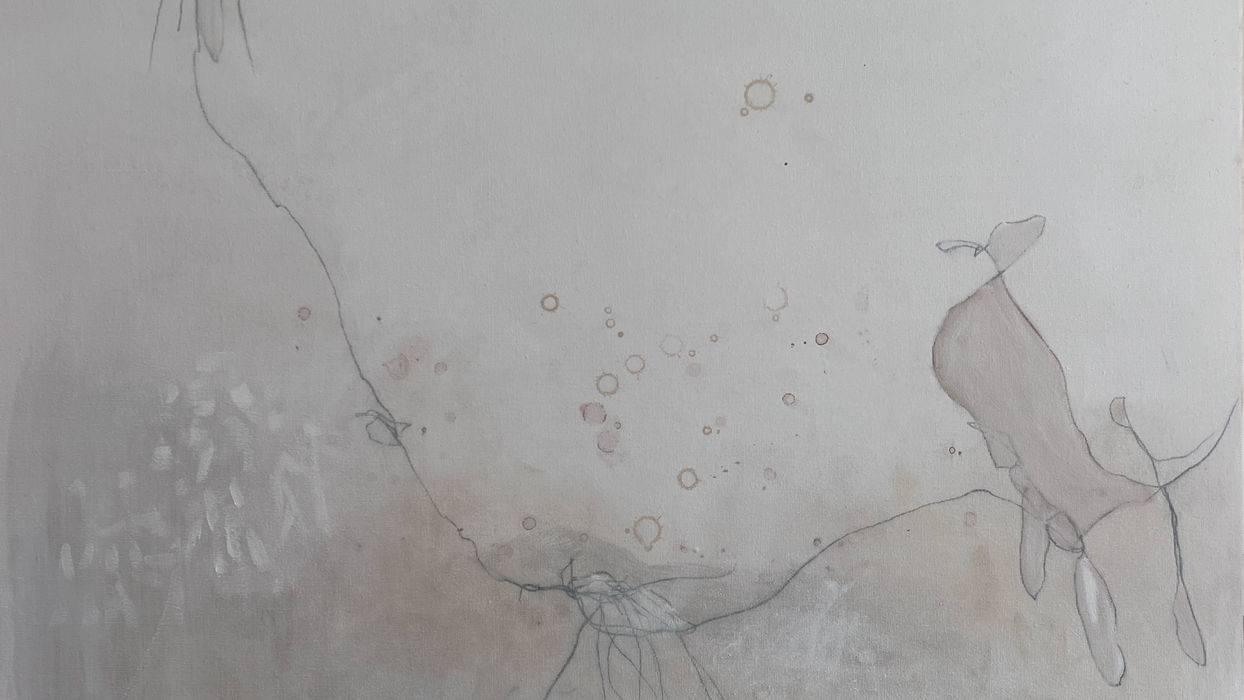 Abstrakte Malerei von Nicola Barth aus der Serie Liminal Frequencies – Echo Fields. Helle Verdichtungen, feine Graphitzeichnungen und subtile Rosé- und Beigetöne bilden ein offenes Feld von Resonanz, Erinnerung und struktureller Neuordnung.