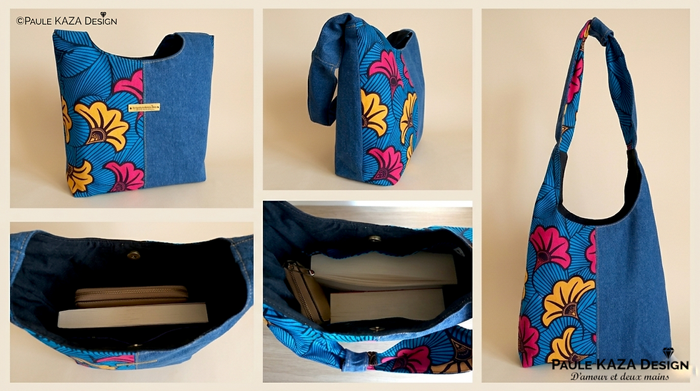 Sac hob en jean et wax fleur d hibiscus-Paule Kaza Design