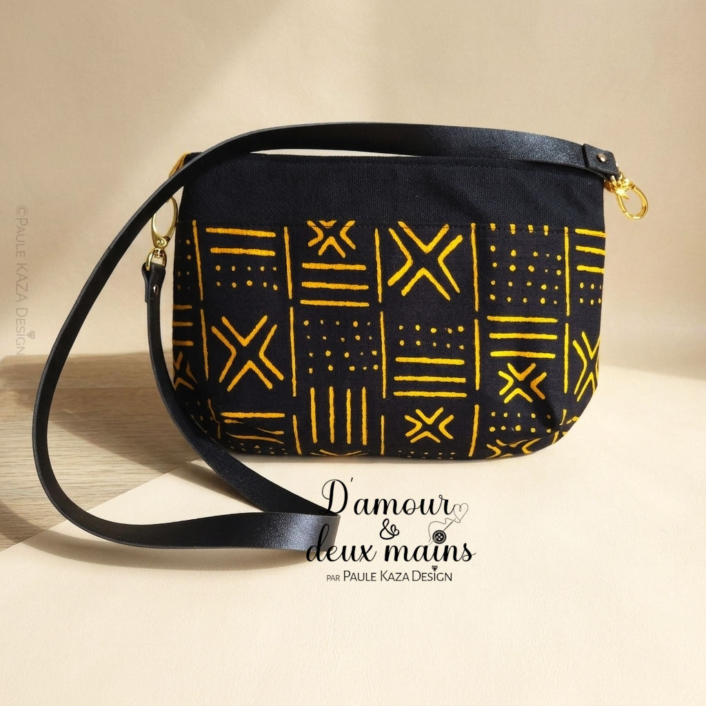 Petit sac épaule en wax motifs bogolan jaune et noir- sur paulekazadesign.com
