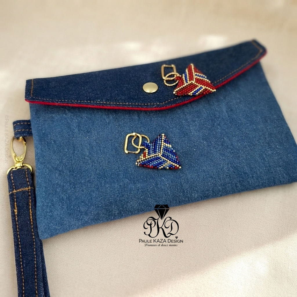 Boucles d'oreilles triangulaires rouge et bleu-3-en-1 -La réversible-Paule Kaza Design