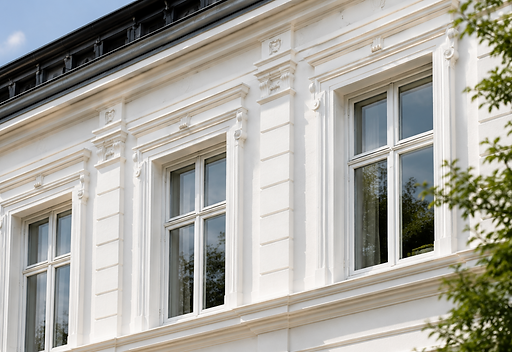 Facaderenoveret herskabsvilla med hvid pudset facade og klassiske gesimser