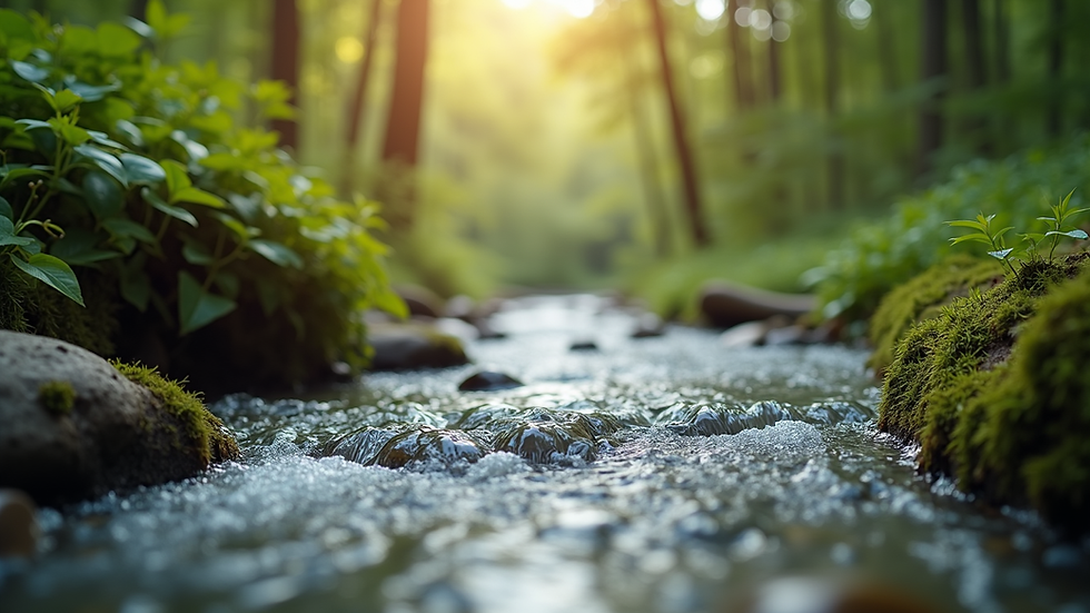 Close-up view of a serene nature scene with a flowing stream