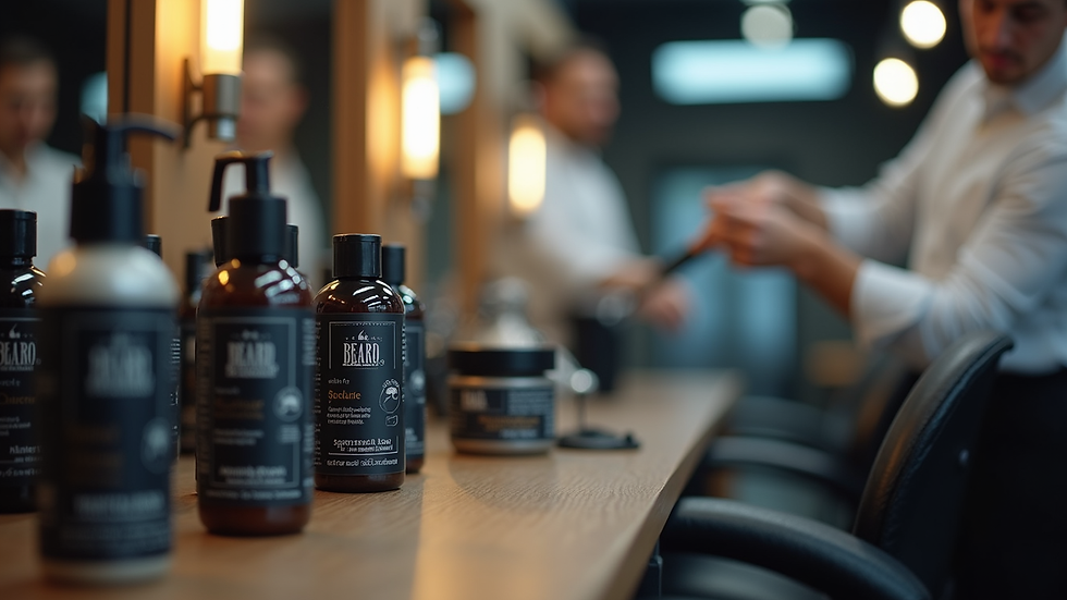 Eye-level view of a salon station with beard coloring products