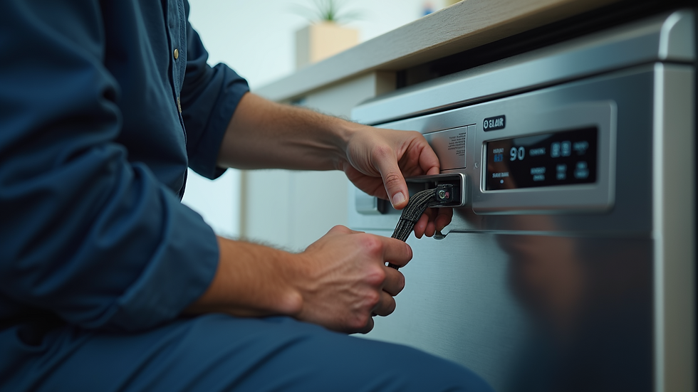Close-up view of a technician fixing a dishwasher door latch