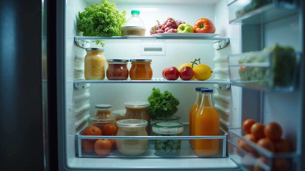 Close-up view of a refrigerator's interior showing organized food items