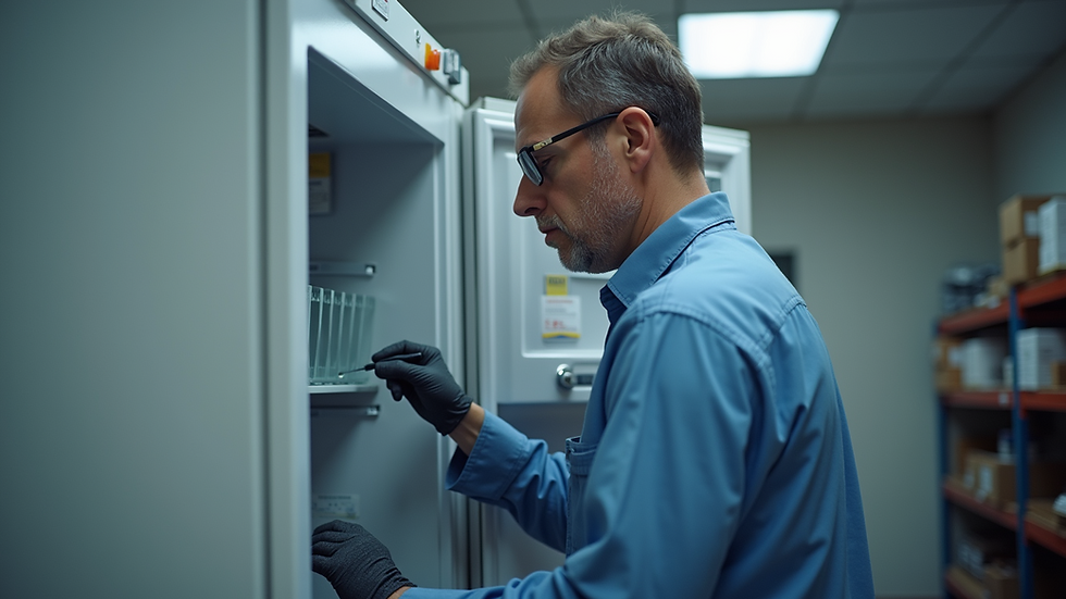 Close-up view of a refrigerator repair technician working on a compressor
