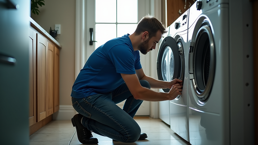 Eye-level view of a technician repairing a washing machine in a home laundry room