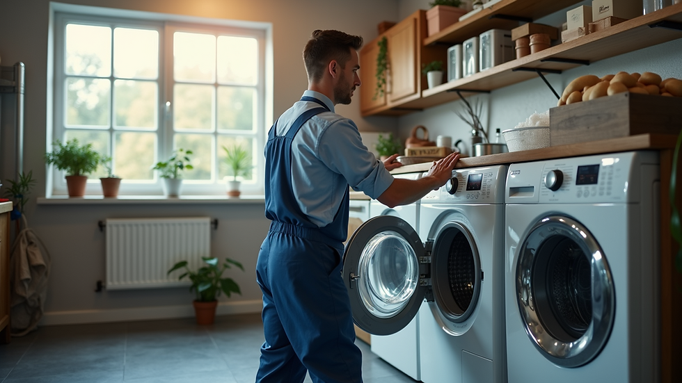 High angle view of a technician inspecting a washing machine in a home laundry room