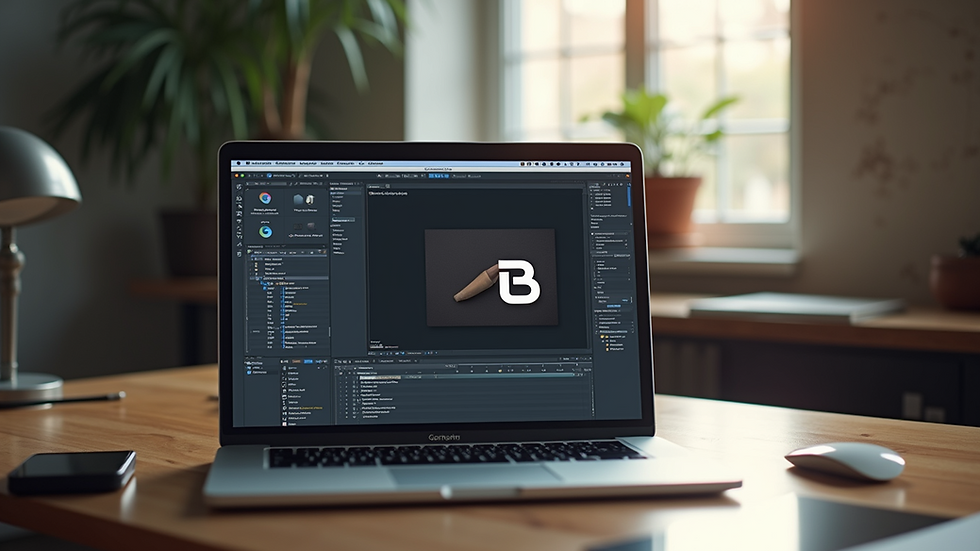 Eye-level view of a creative workspace with a laptop and Blender software open