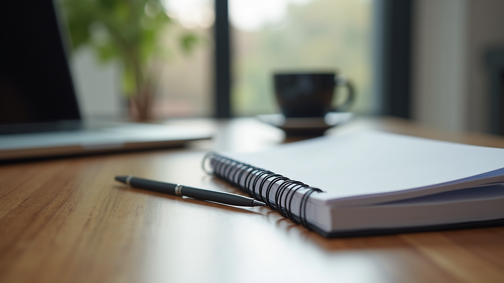 Eye-level view of a desk with a planner, coffee cup, and laptop