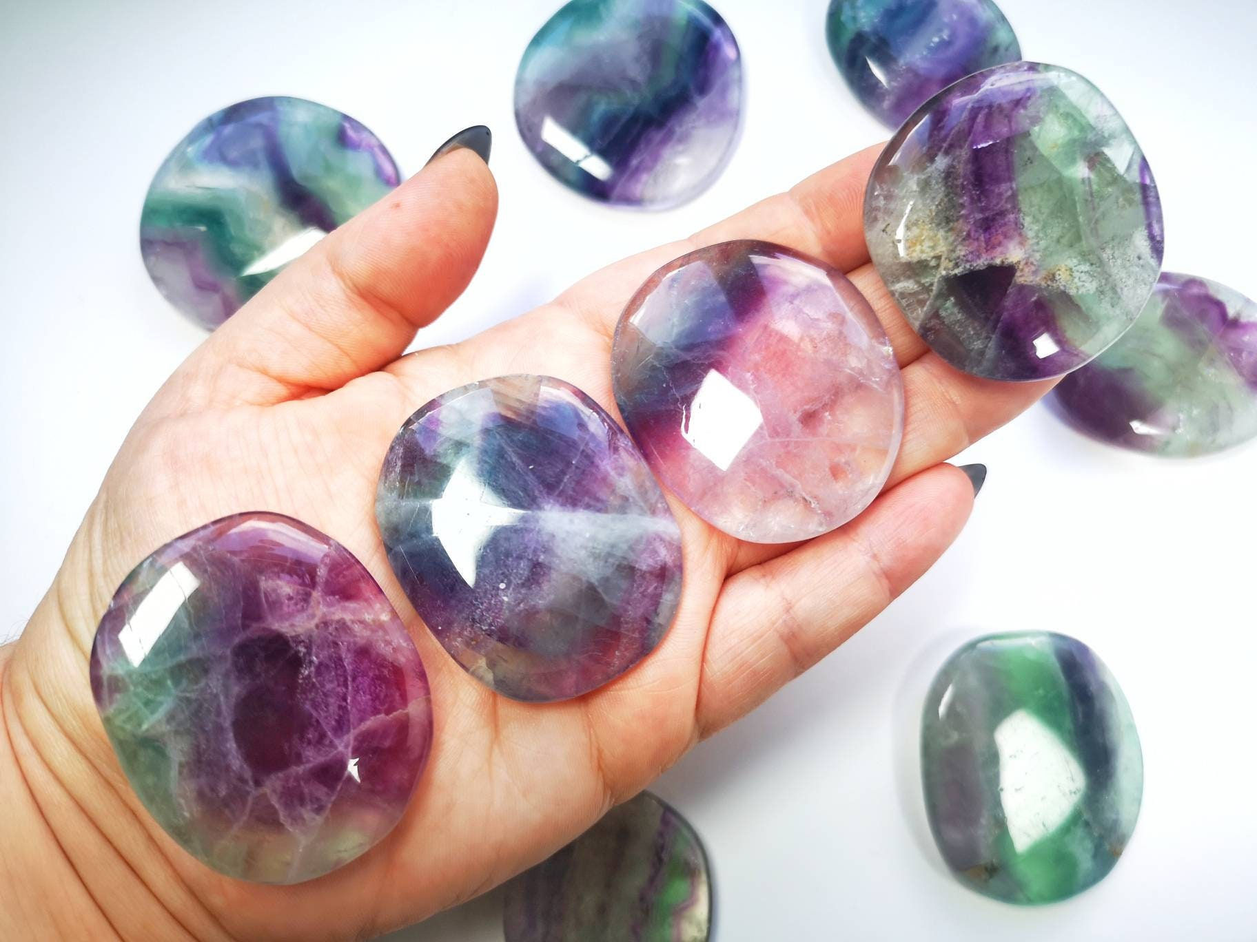 Rainbow Fluorite Crystal Palmstone | Polished Crown Chakra Stones | Capricorn