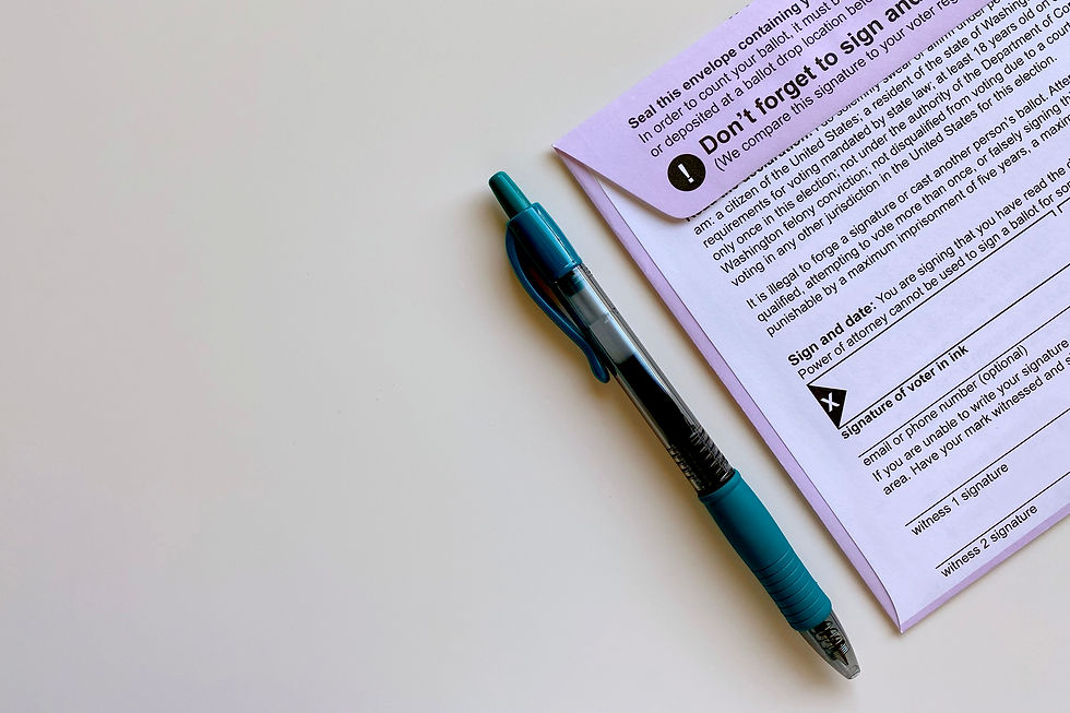 A light purple ballot, its included envelope, and a blue ball point pen.