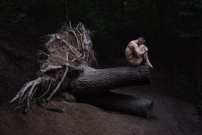 Person lying across large tree root in forest, sculptural
Alt: Sculptural fine art portrait person tree root forest Norway — fine art photographer Andie Szatmari