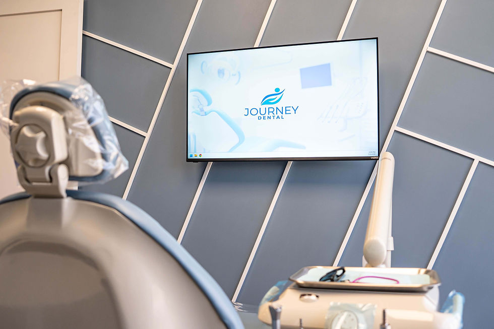 over the shoulder shot of a dental chair with a tv Screen that has the Journey Dental Logo