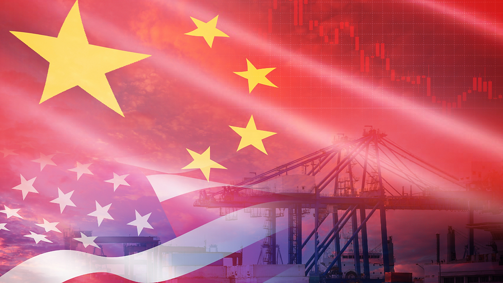 American and Chinese flags waving near a busy international shipping port, symbolizing global trade relations and tariff tensions.