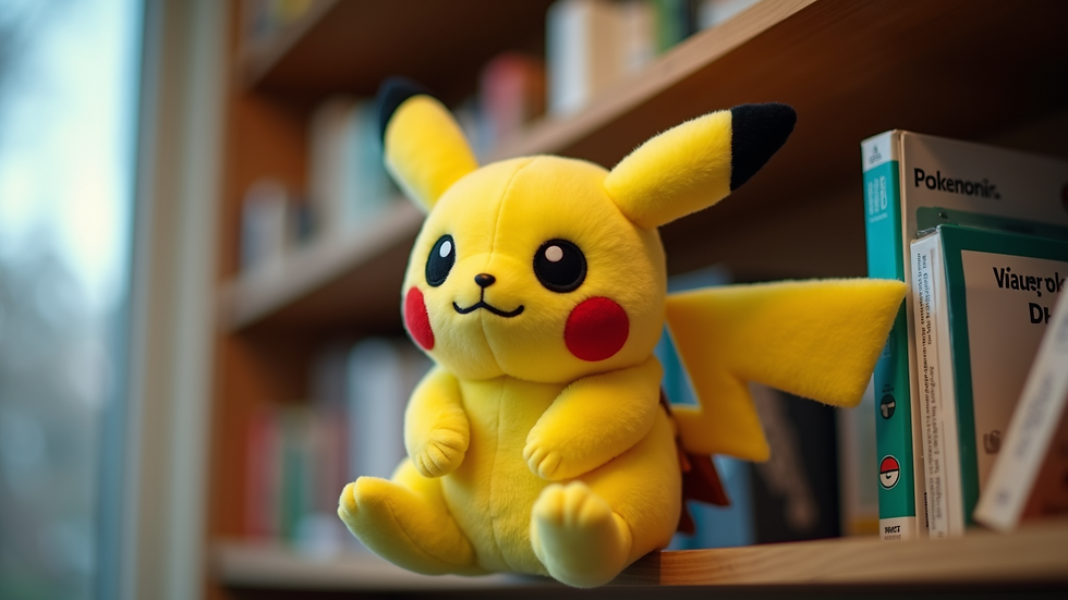 Close-up view of a plush Pikachu sitting on a shelf