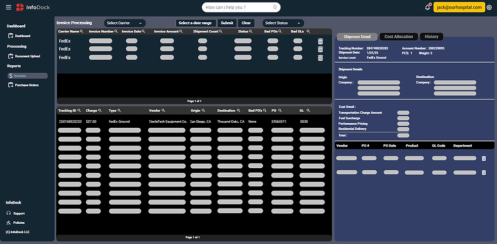 Software interface Invoice Processing with data fields, tables, and navigation elements overview for InfoDock