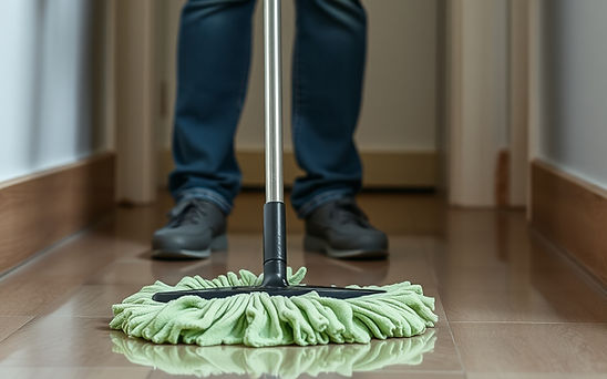 Show me a person mopping the floor with cleaning gloves.jpg