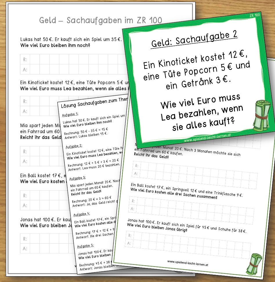Geld Sachaufgaben im Zahlenraum 100