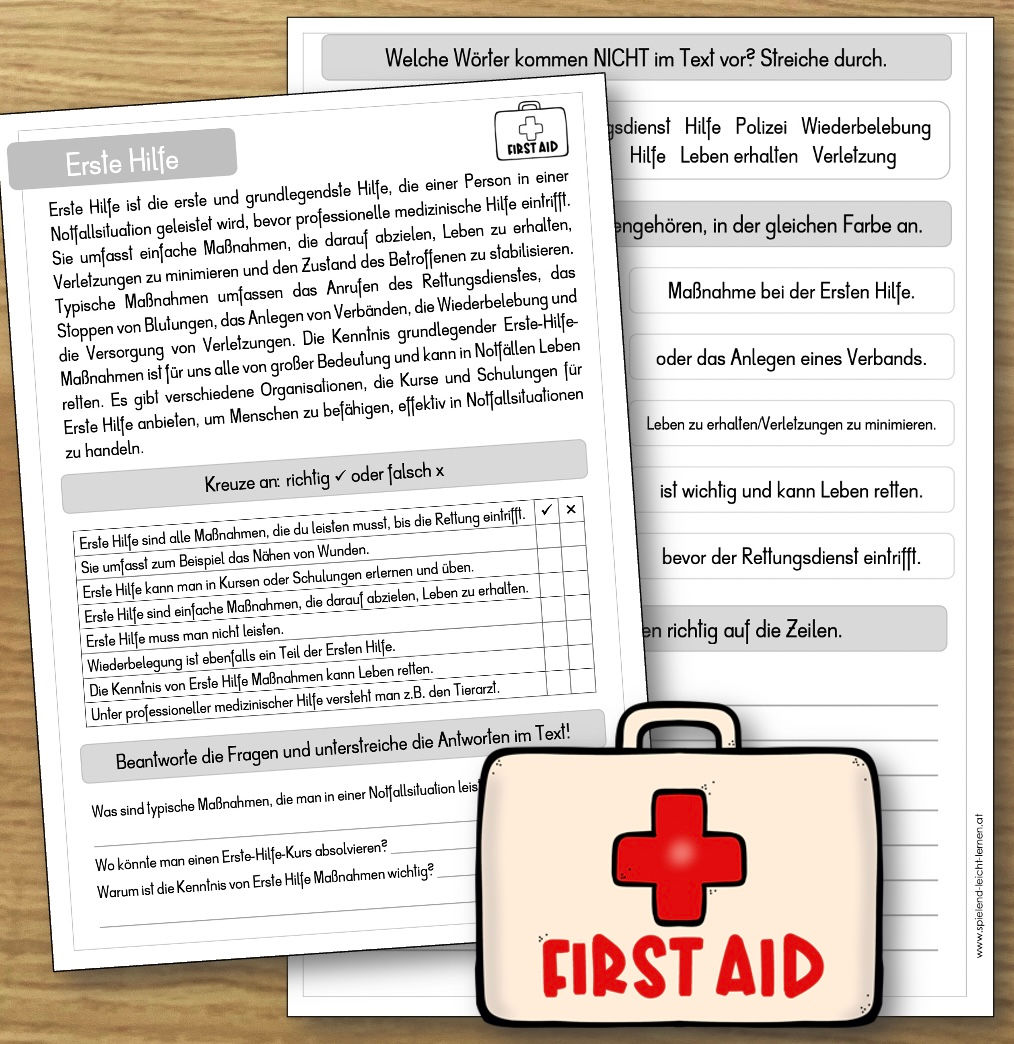 Erste Hilfe Leseverständnis doppelseitige Kopiervorlage