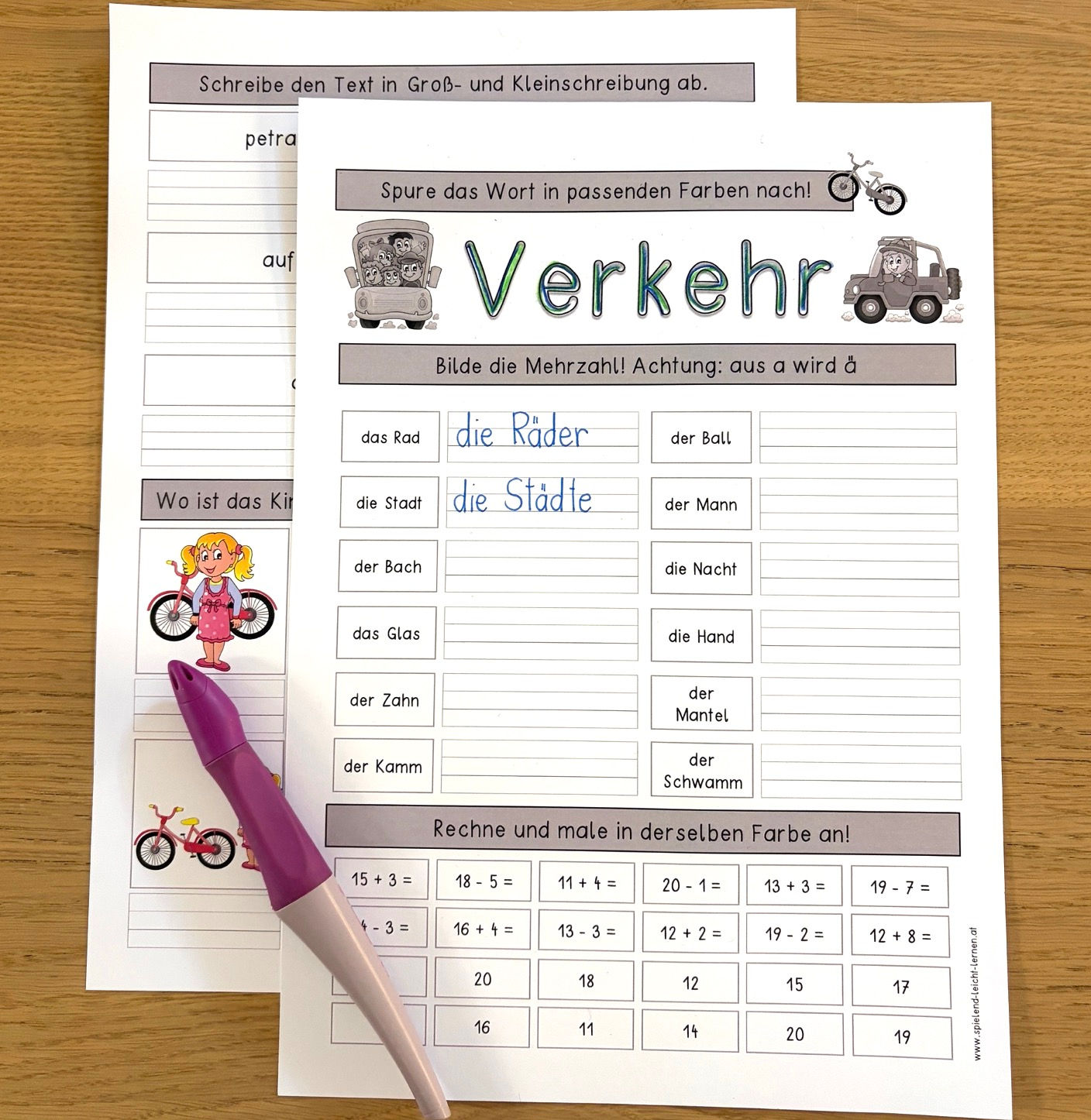 Fahrrad und Verkehr Doppelseitige Kopiervorlage für die 1. Klasse