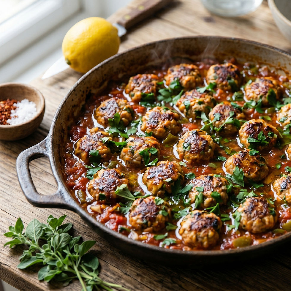 Experience Turkey's culinary magic with this main course masterpiece, where juicy meatballs dance alongside a symphony of tangy tomatoes, fiery chiles and aromatic herbs. Prepare to embark on a flavor journey that'll ignite your taste buds.
