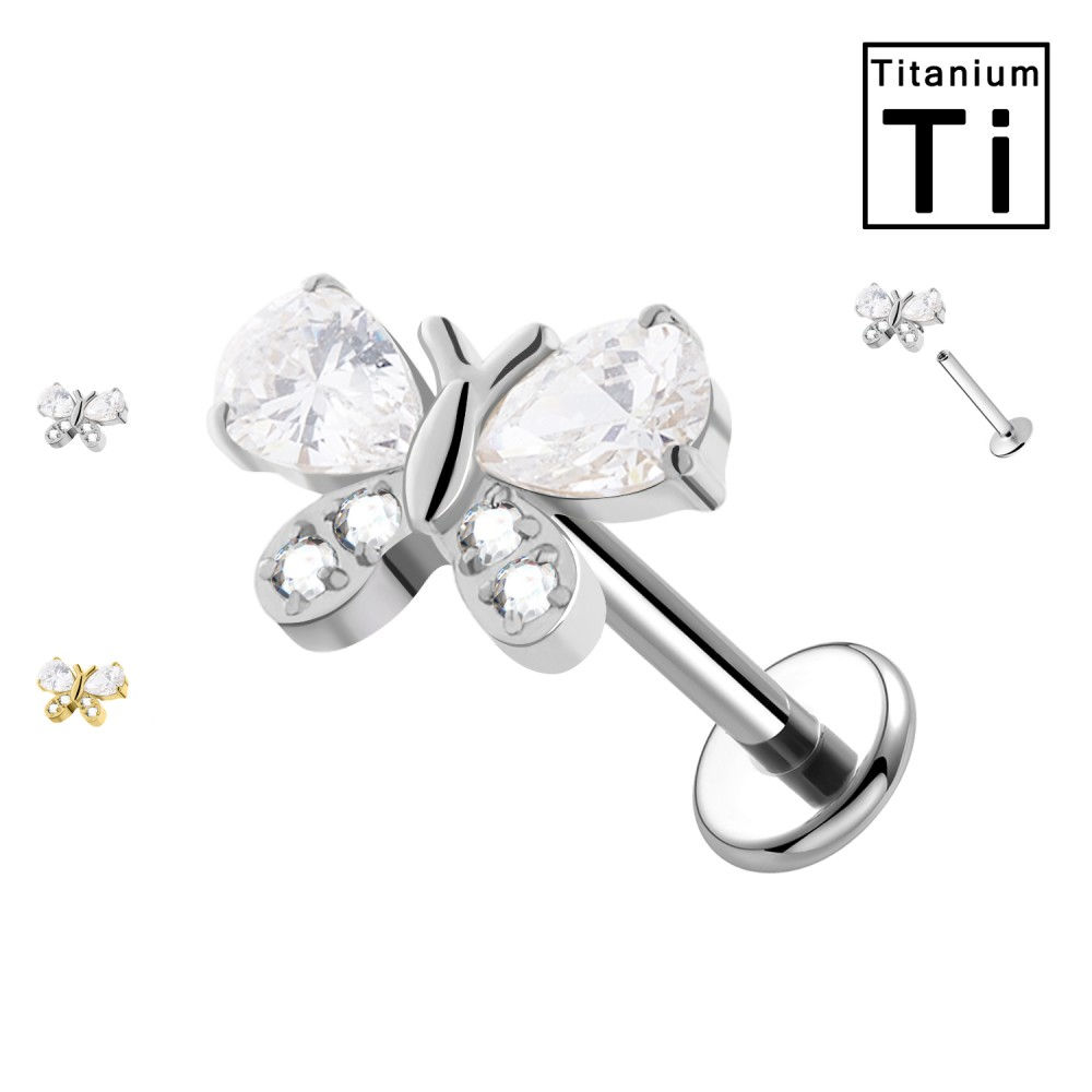 Piercing Labret in Titanio a Forma di Farfalla con Cristalli