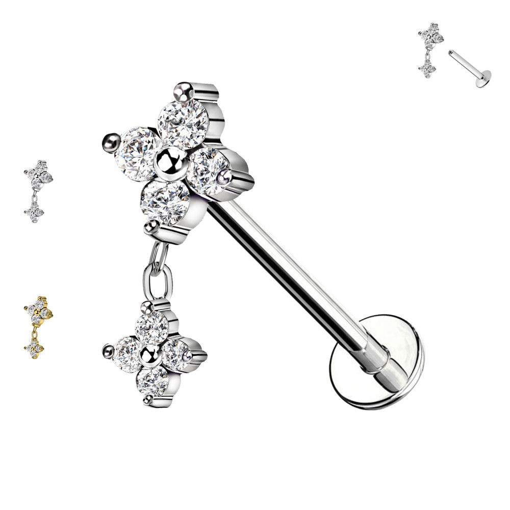 Piercing Labret con Fiore di Quattro Diamanti Filettatura Interna