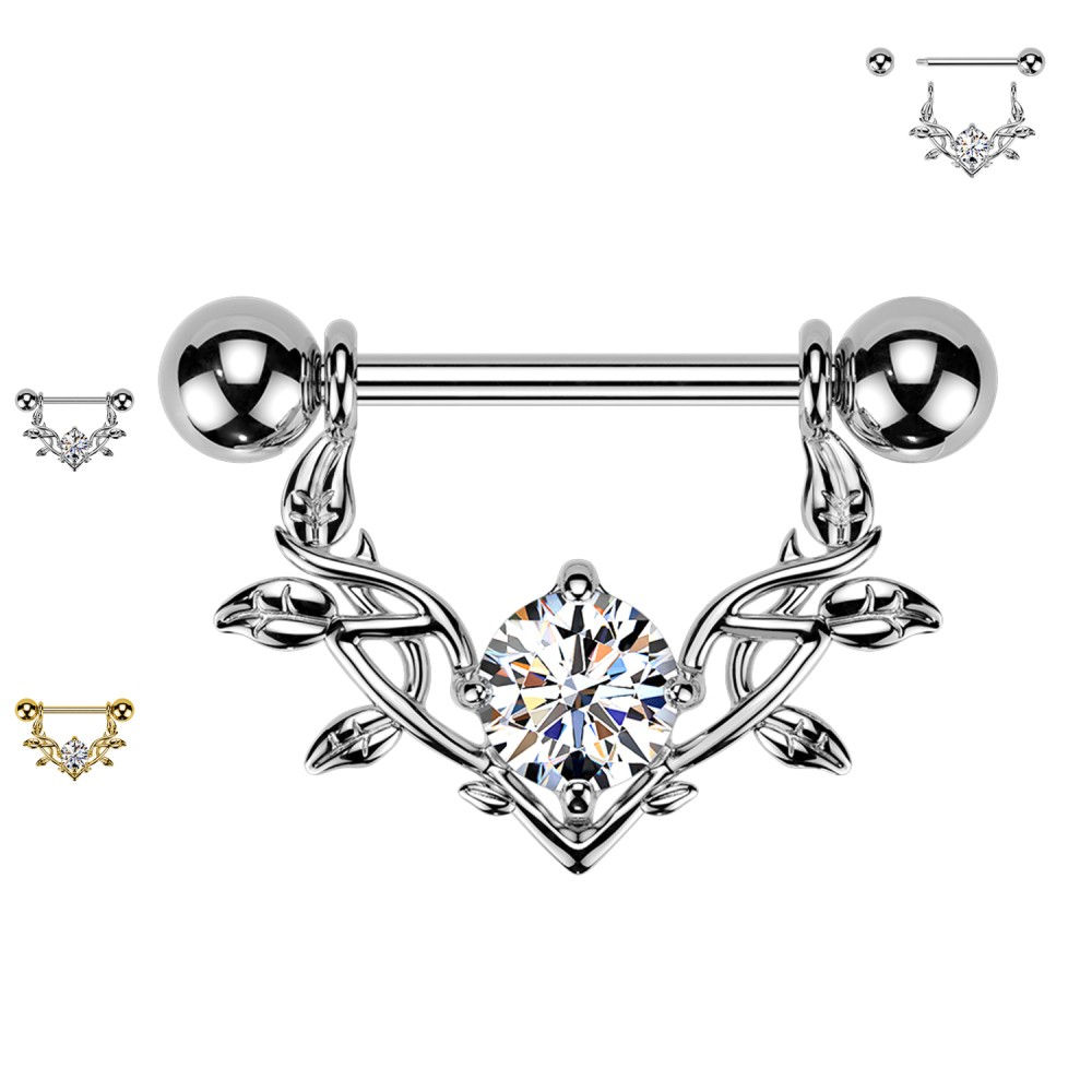 Piercing per Capezzolo con Cuore Stilizzato e Rami Spinati con Cristallo