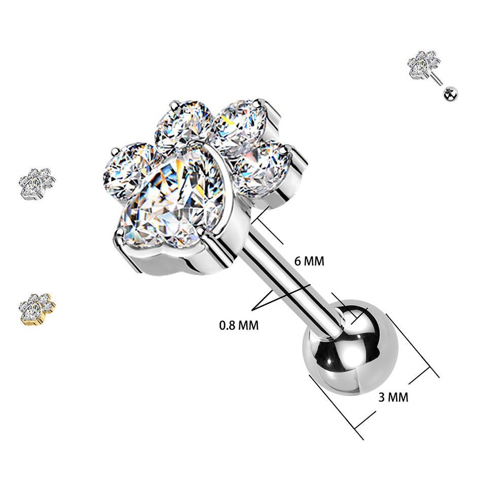 Thumbnail: Piercing Labret 0.8 mm con Cristalli a Forma di Zampa e Filettatura Esterna