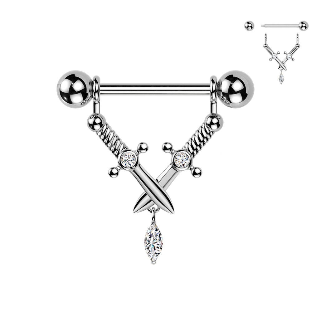 Piercing per Capezzolo con Spade Incrociate e Cristallo Pendente