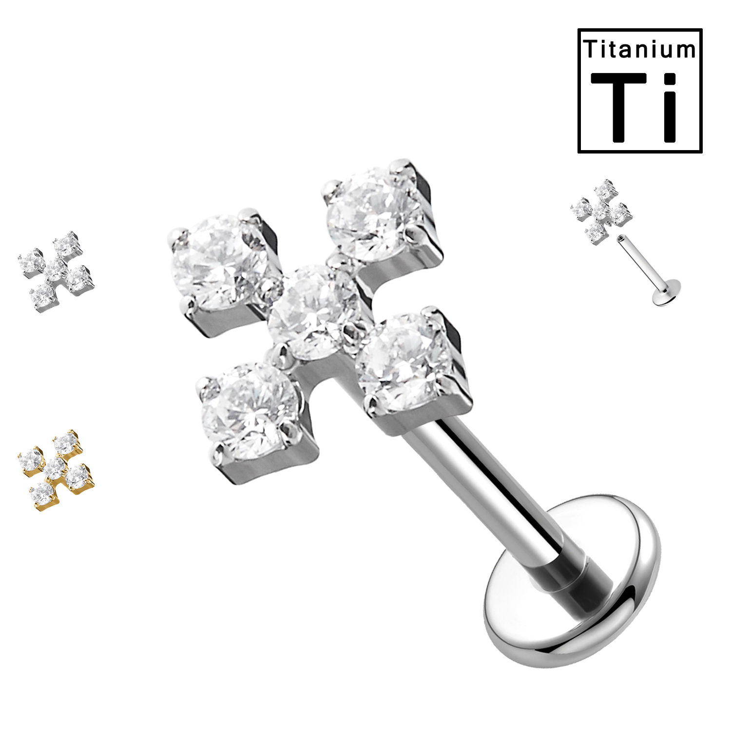 Piercing Labret in Titanio con Cristalli a Croce Filettatura Interna