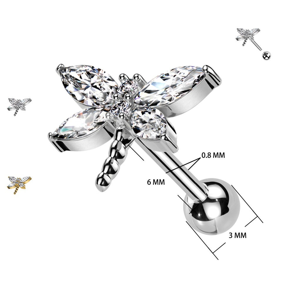 Piercing Labret 0.8 mm con Cristalli a Forma di Libellula e Filettatura Esterna