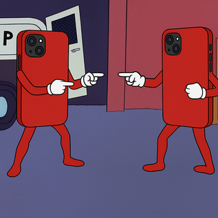 a 3d printed phone case vs an injection molded phone case cartoon pointing at eachother