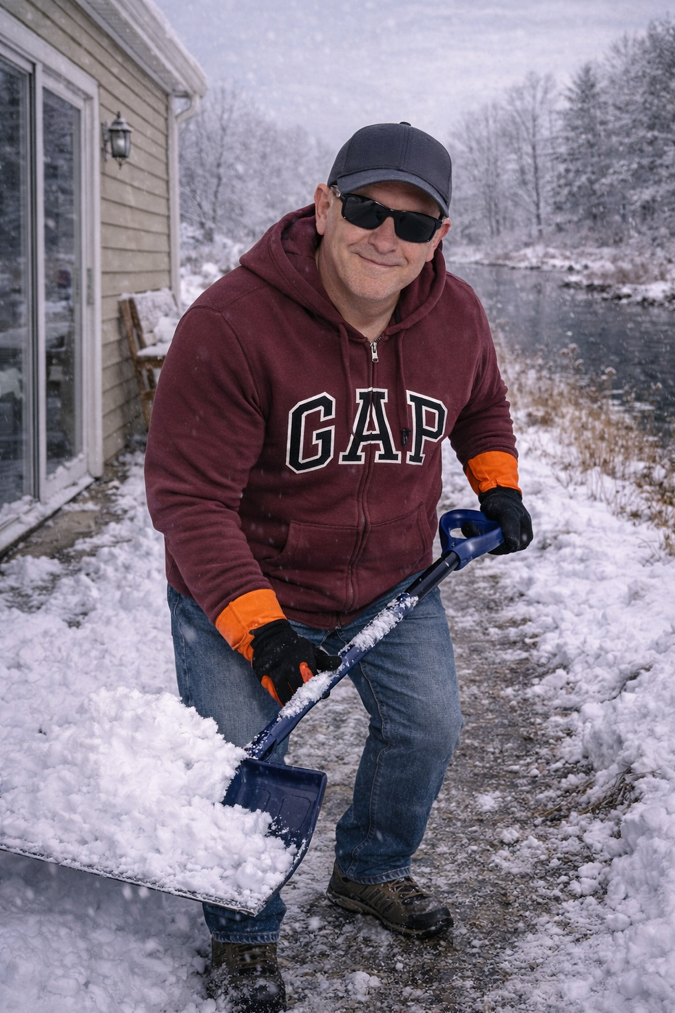 Man wearing performance sunglasses while shoviling snow near a waterfront home.