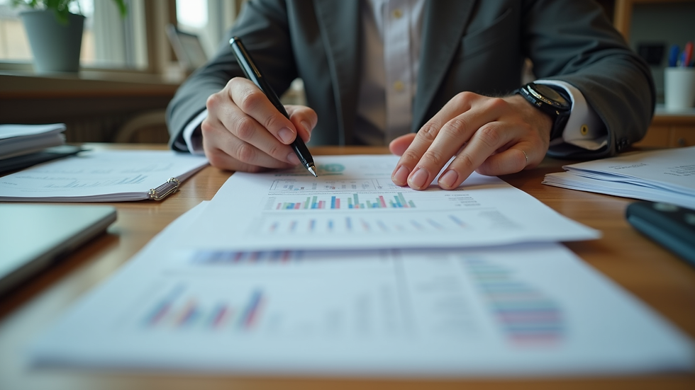 Eye-level view of a small business owner reviewing financial documents at a desk