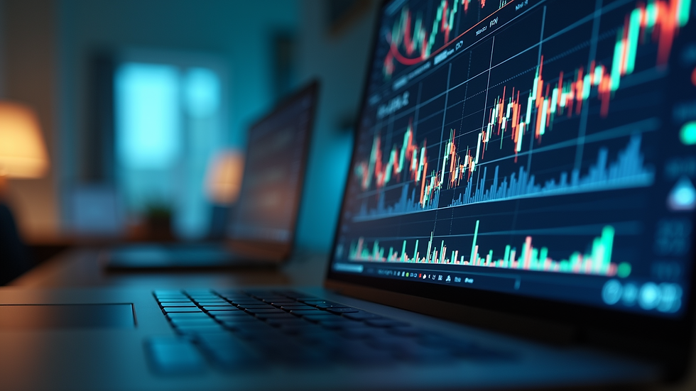 Eye-level view of a laptop screen displaying financial graphs and charts