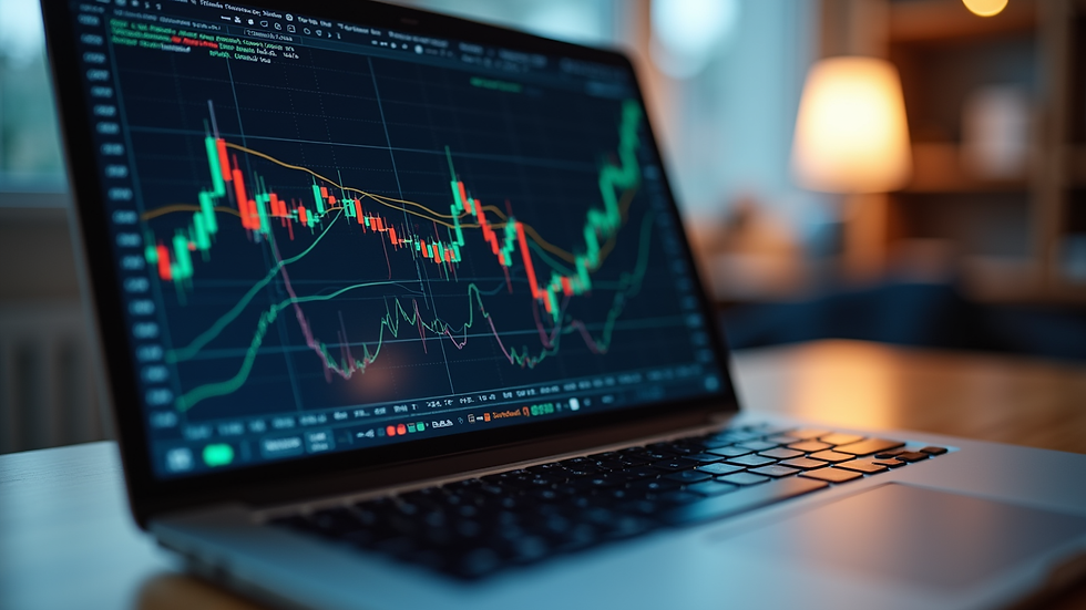 Eye-level view of a laptop screen showing forex trading charts